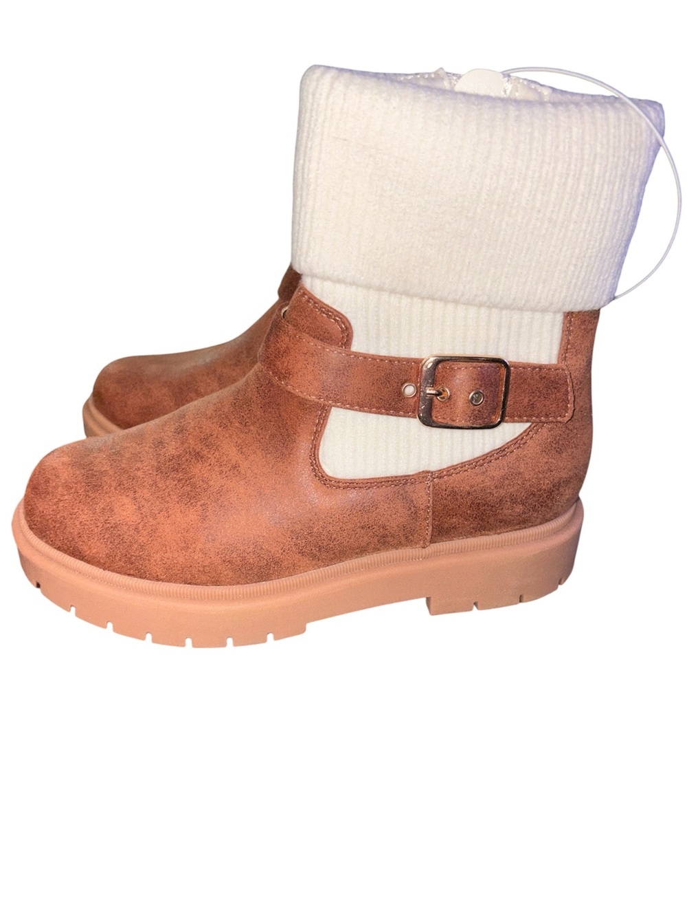 Cat & Jack Brown Faux-Leather “KRISTIE”Ankle Boots with Cream Knit Cuff